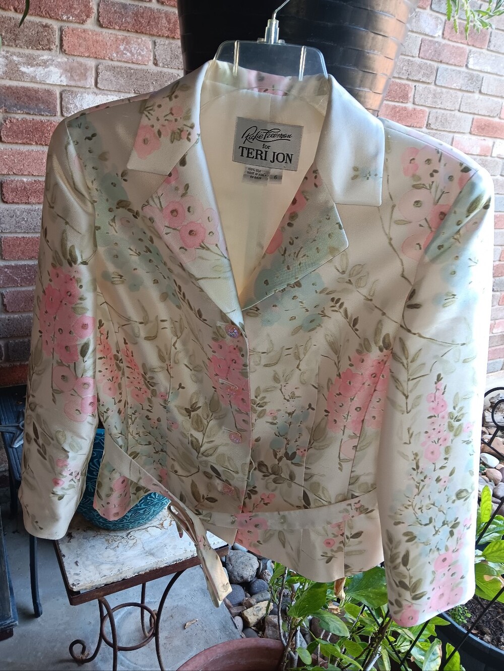 Vintage Rickie Freeman For Teri Jon 100% Silk Floral Jacket Skirt Set Size 6 - Picture 3 of 7